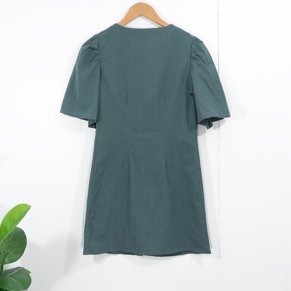Teal Button Down Puff Sleeve Linen Dress - Picture 7 of 7